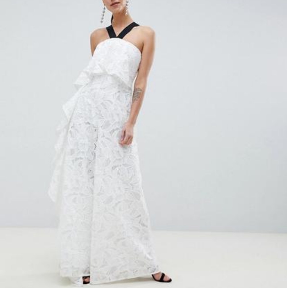 ASOS Design White Occasion Contrast Lace Jumpsuit with Waterfall Side